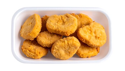 Crispy fried nuggets in a white plastic container