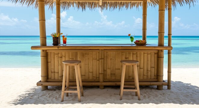 a open-air tiki bar on a white sand beach with two empty stools at the counter.The view is a clear blue ocean,the bar is decorated with simple bamboo,tropical flowers.The light is bright ,sunny. - Powered by Adobe