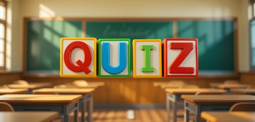 Colorful alphabet blocks spelling quiz floating in a bright empty classroom setting