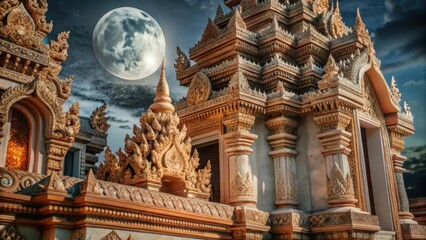 Obraz premium Grand stone structure with intricate carvings and ornate details bathed in lunar light