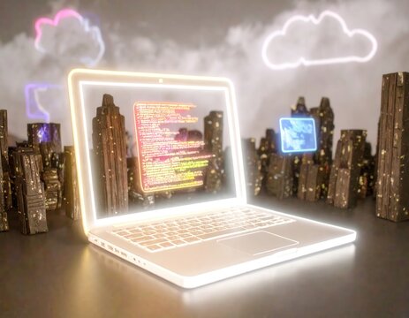 Laptop displaying code, futuristic cityscape backdrop, cloud computing concept.