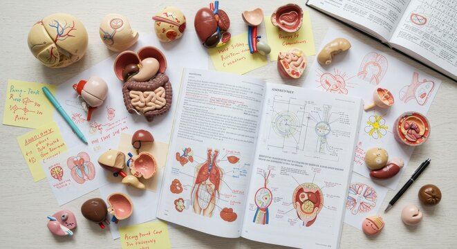 Medical Student's Desk with Human Anatomy Models and Textbooks for Study