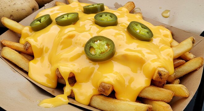 Melted Cheese Fries with Jalape?os: Close-up of Golden-Brown Fries Drenched in Rich, Gooey Cheese Sauce, Topped with Sliced Jalape?os.