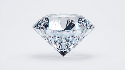 A brilliant-cut diamond, flawlessly clear and reflecting light, sits on a plain white background, showcasing its intricate facets and sharp edges.  Its symmetrical 