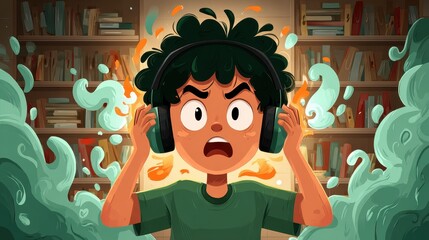 Boy Wearing Headphones with Abstract Shapes in Front of Bookshelf
