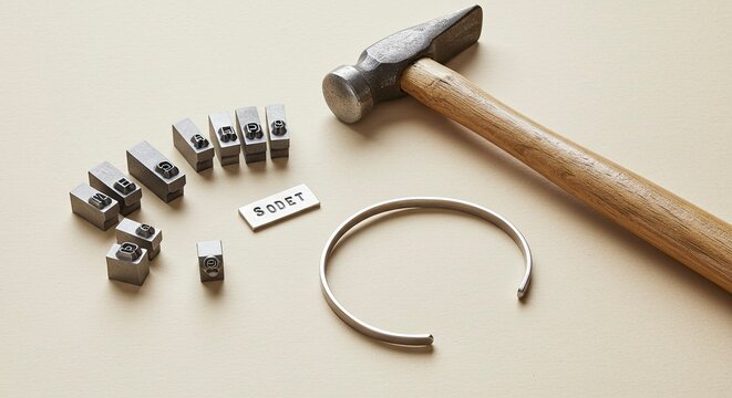 Metal stamping tools for creating personalized jewelry with a hammer and letter punches on a workbench.