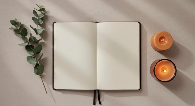 Mindful Journaling Scene with Blank Notebook, Candles, and Eucalyptus