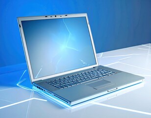 A silver laptop computer is displayed on a white surface with a blue gradient background.