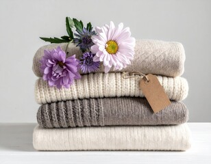 Stacked neutral-toned sweaters adorned with flowers and tags