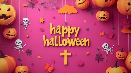 Happy Halloween Background with Pumpkins, Skeletons, and Decorative Elements