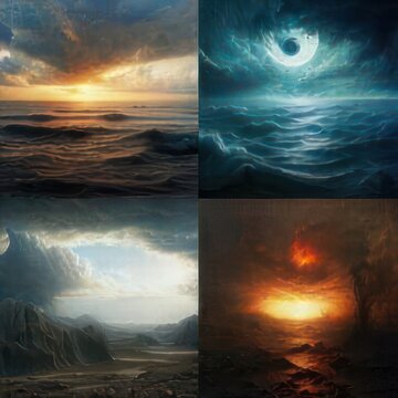 Four evocative landscapes, showcasing dramatic skies and seascapes. Sunrise, sunset, stormy clouds, and a desolate land are depicted