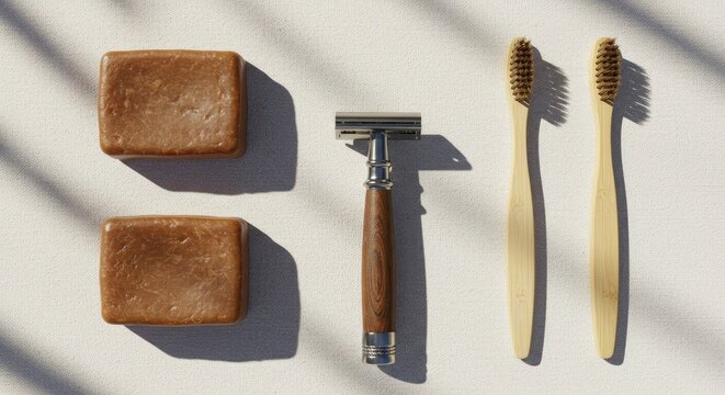 Minimalist Bathroom Essentials: Natural Soap, Razor, and Bamboo Toothbrushes in Sunlight