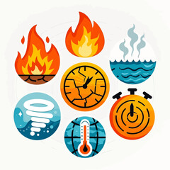 A collection of circular icons illustrating environmental challenges including fire, drought, extreme weather, and rising temperatures, symbolizing climate change and its impacts.