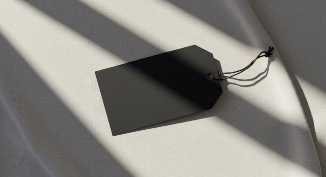 Minimalist Black Tag on Textured Fabric with Dramatic Light and Shadow Play
