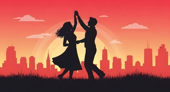 Romantic Couple Dancing at Sunset with City Skyline Silhouette.