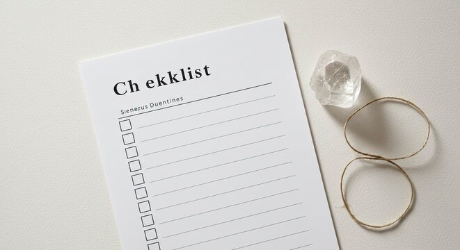 Minimalist Checklist with Crystal and Twine on Textured White Surface