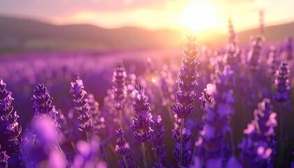 Naklejka premium Cinematic Purple Lavender Field Under Glowing Sunlight with Ultra Sharp Grain Detail and Mountain Background in HDR Photography