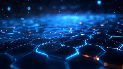 Fototapeta premium Futuristic hexagonal pattern with glowing blue and orange lights in a digital space