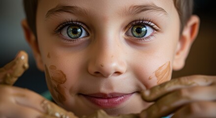 Happy Child's Face Covered in Clay Smiling and Expressing Joy