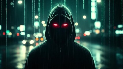 Mysterious hooded figure with glowing red eyes in a digital city, representing cybersecurity and anonymity - Powered by Adobe