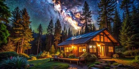 Fototapeta premium Sustainable Off-Grid Cabin at Night - Eco-Friendly Nature Retreat