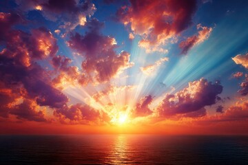 Vibrant sunset over calm ocean, sun rays pierce colorful clouds