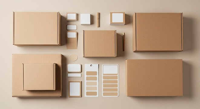 Minimalist Flat Lay: Assorted Cardboard Boxes and Stationery on Neutral Background
