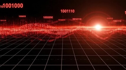 Futuristic red digital landscape with a glowing stream of binary data over a grid - Powered by Adobe