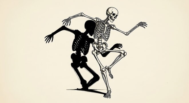 A dynamic skeleton figure in a stylized dance pose, contrasted with its shadow, creating a striking visual. - Powered by Adobe