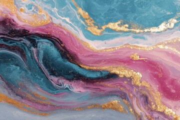 Abstract fluid art with swirling teal, pink, and gold