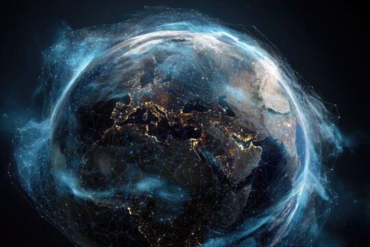 A digital rendering of Earth at night, enveloped in a glowing network of connections