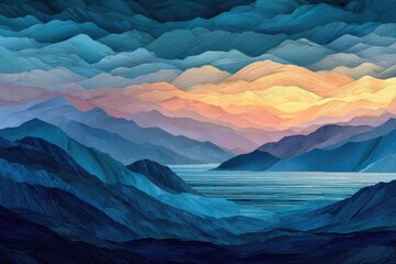 Layered mountainscape at sunrise, blues and oranges dominate the color palette, with a calm lake in the foreground