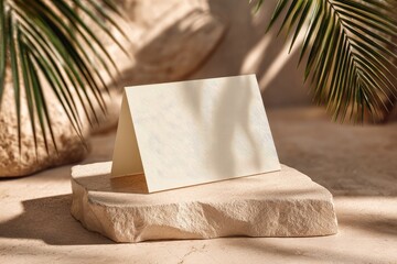 Blank card displayed on a stone pedestal with palm fronds