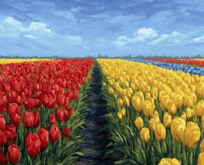 Expansive tulip field, red and yellow blooms, path down center