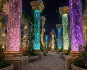 Illuminated pathway, classic architecture, vibrant glowing columns, lush greenery