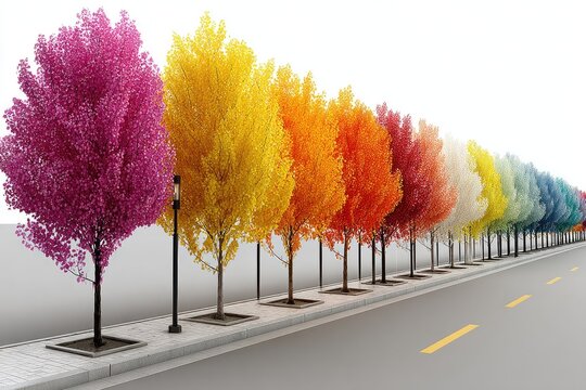 Colorful trees line a city street, vibrant hues against a white background
