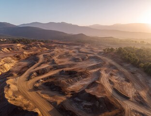 Aerial view of a vast, excavated landscape at sunrise, showing textured earth and winding paths