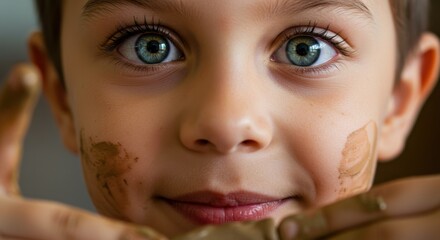 Close-up portrait of a young boy with striking blue eyes covered in clay