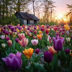 Rustic cabin sunset, vibrant tulip field