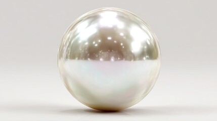 A large, lustrous, creamy-white pearl rests on a light gray surface, exhibiting a high sheen and subtle iridescence.  Its smooth, almost perfectly spherical 