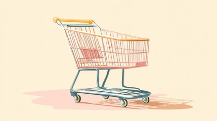 A pastel pink shopping cart, slightly angled, casts a soft shadow on a pale pink surface against a beige background;  the handle is light orange.  The cart's 