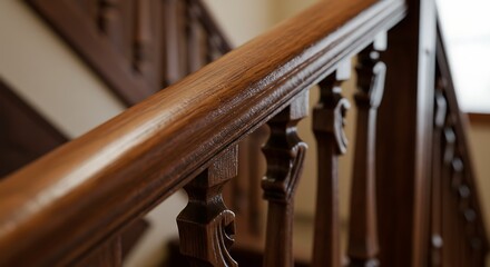 Elegant Polished Wooden Staircase Handrail Detail, Ornate Balusters, Warm Light.