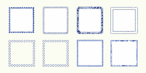 Collection of eight decorative blue hand drawn frames and borders with unique wavy and geometric patterns