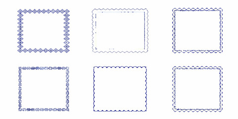Collection of six decorative blue and white square frames with unique border designs