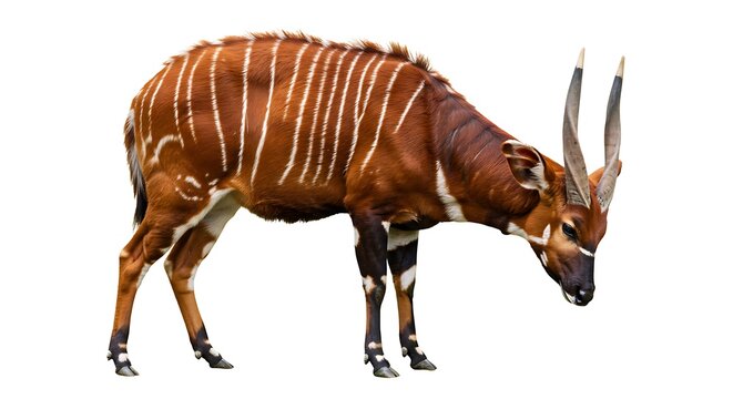 Elegant Striped Bongo Antelope with Spiraled Horns, Head Bowed, Isolated on White.