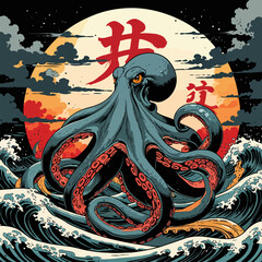 Japanese tattoo art octopus vector © azharine