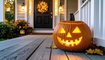Illuminated Jack-o'-Lantern on Porch at Dusk