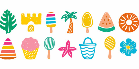 Collection of colorful hand drawn summer icons including ice cream palm tree watermelon and beach elements