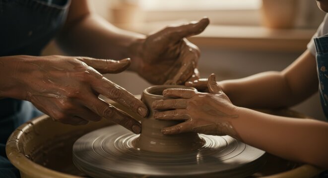 Close-up of an Adult Guiding a Child's Hands on a Pottery Wheel, Learning the Art of Ceramics and Sharing a Creative Moment