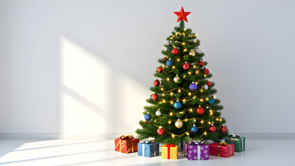 Beautifully decorated christmas tree with presents indoors on a sunny day